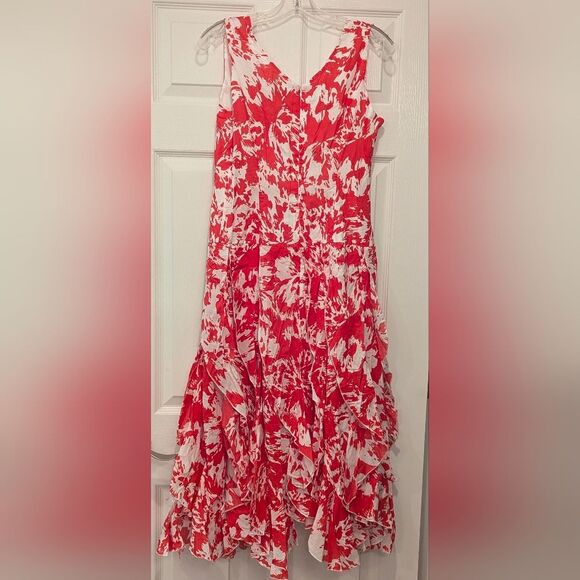 Metrostyle Red White Floral Midi Dress 8P Fit Flare Ruffle Hem Sleeveless Summer - Picture 2 of 8